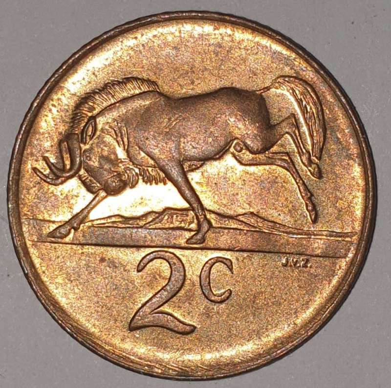 1985 - 2 CENT COIN (TWO CENT COIN) - RSA - BRONZE - KM#83 - BILINGUAL LEGEND - WILDEBEEST